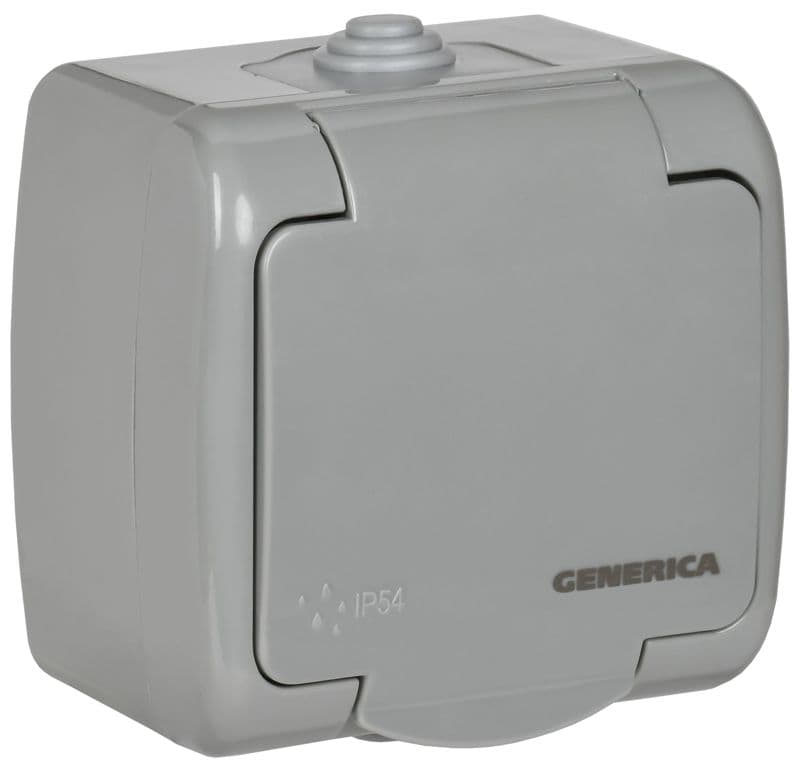 Розетка 1-м ОП AQUATIC РСш12-2-А 16А IP54 с заземл. с крышкой GENERICA ERA12-K03-16-54