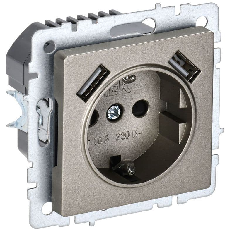 Розетка BRITE РЮш10-1-БрШ 16А с USB A+A 2.1А с заземл. защ. шторки механизм шампань IEK BR-R14-16-U21-D21-K37