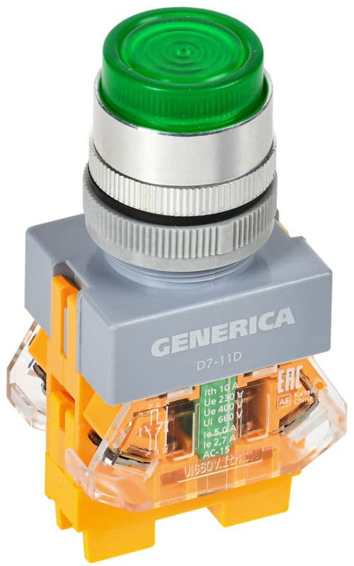 Кнопка D7-11D d22мм 1НО+1НЗ с подсветкой зел. GENERICA BBT50-11D-3-12-K06-G