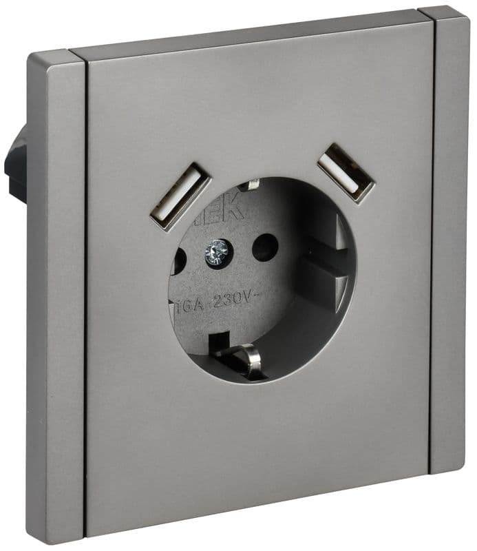 Розетка FORTE&PIANO FP545 16А USB A+A 3.1А с заземл. защ. шторки винт. крепл. сталь IEK FP-R14-16-U21-D31-K46
