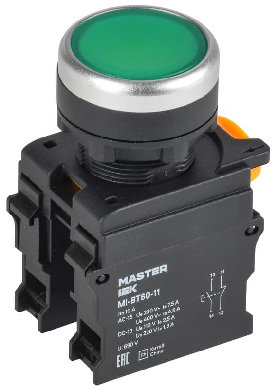 Кнопка d22мм 1НО+1НЗ MASTER зел. IEK MI-BT60-11-3-22-K06