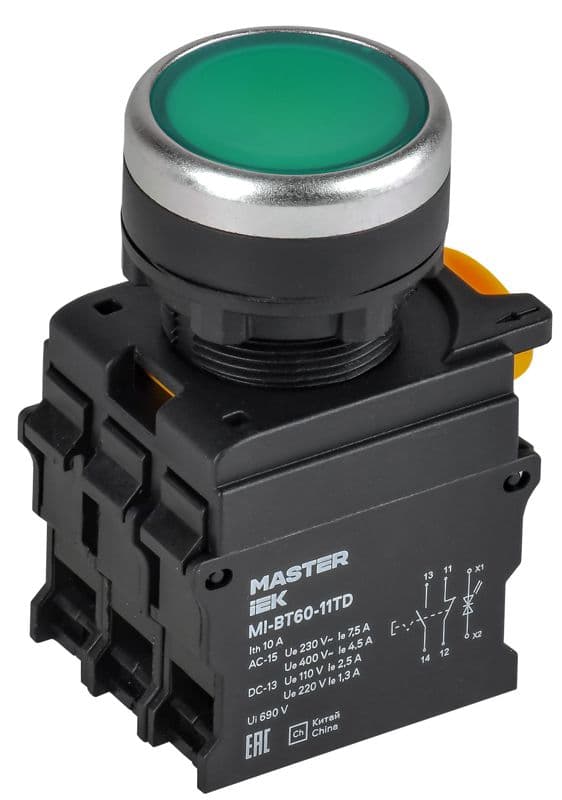 Кнопка d22мм 1НО+1НЗ MASTER с подсветкой и фиксацией зел. IEK MI-BT60-11TD-3-11-K06